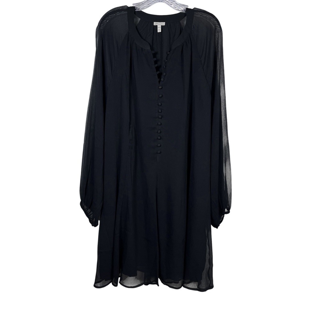 JOIE Sz XXL Dress Limited Edition Black Sheer Balloon Sleeve Button Front Knee